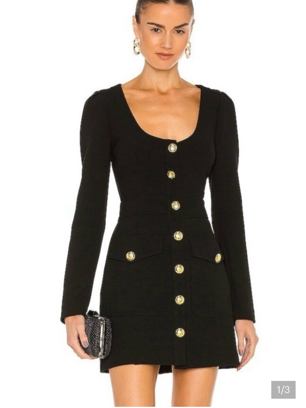 A.L.C. Black Long-Sleeve Mini Dress with Gold Buttons